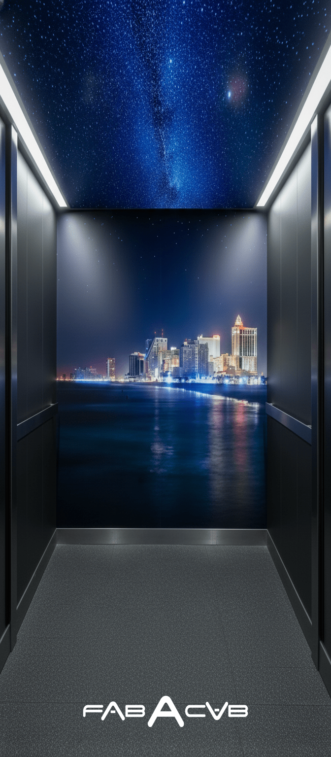 Elevator cab with an Atlantic City boardwalk image on the back wall, matching ceiling and stainless steel base