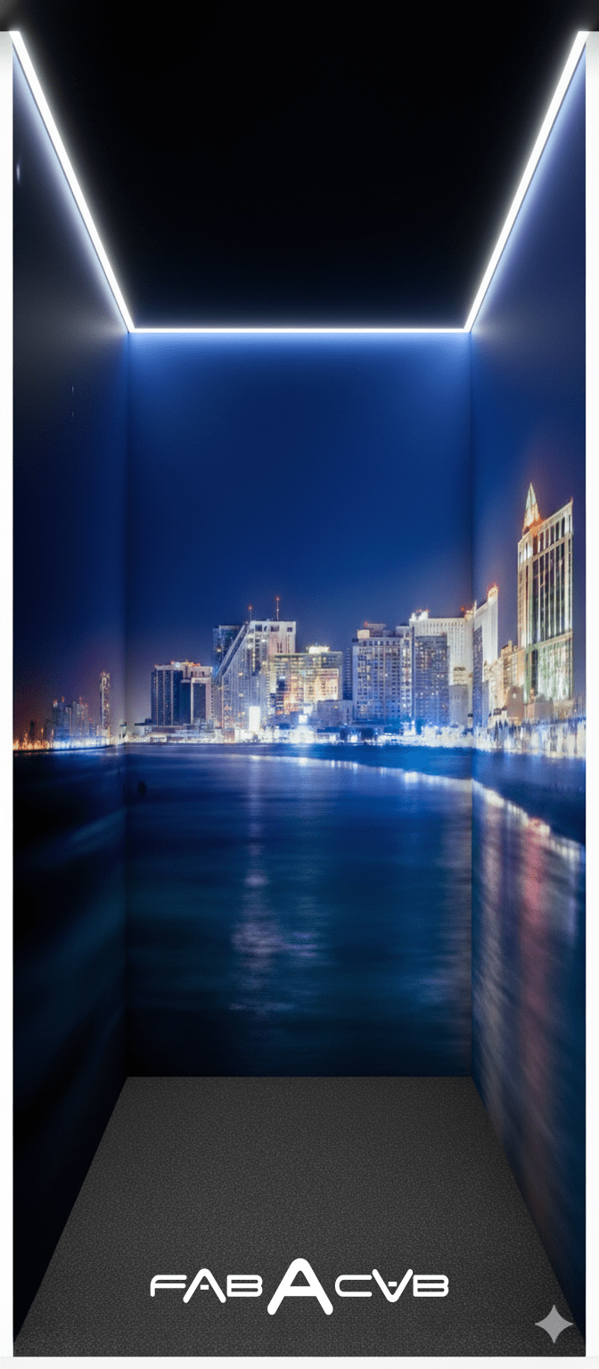 Elevator cab interior featuring the Atlantic City skyline at night on all walls