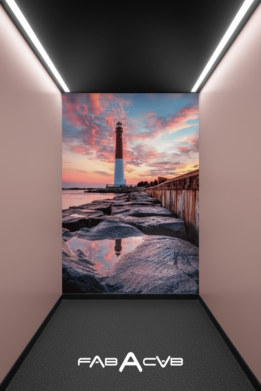Elevator cab with Barnegat Lighthouse applied to the back wall only