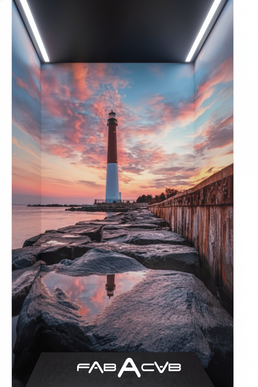 Elevator cab interior featuring Barnegat Lighthouse at sunset on all walls