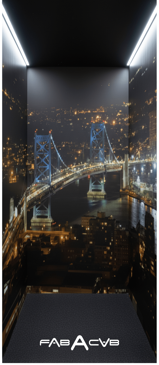 Elevator cab interior featuring the Ben Franklin Bridge lit up at night
