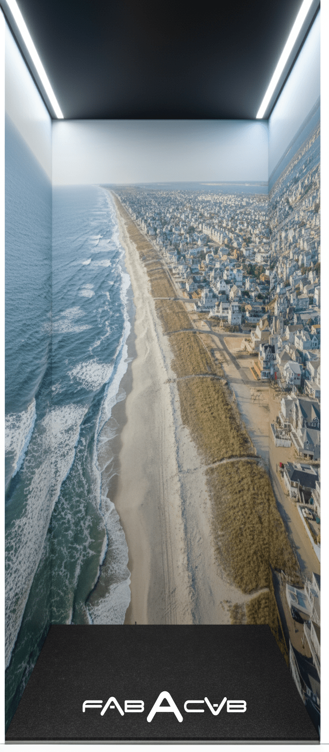 Residential elevator cab interior wrapped in an aerial photograph of the New Jersey shore
